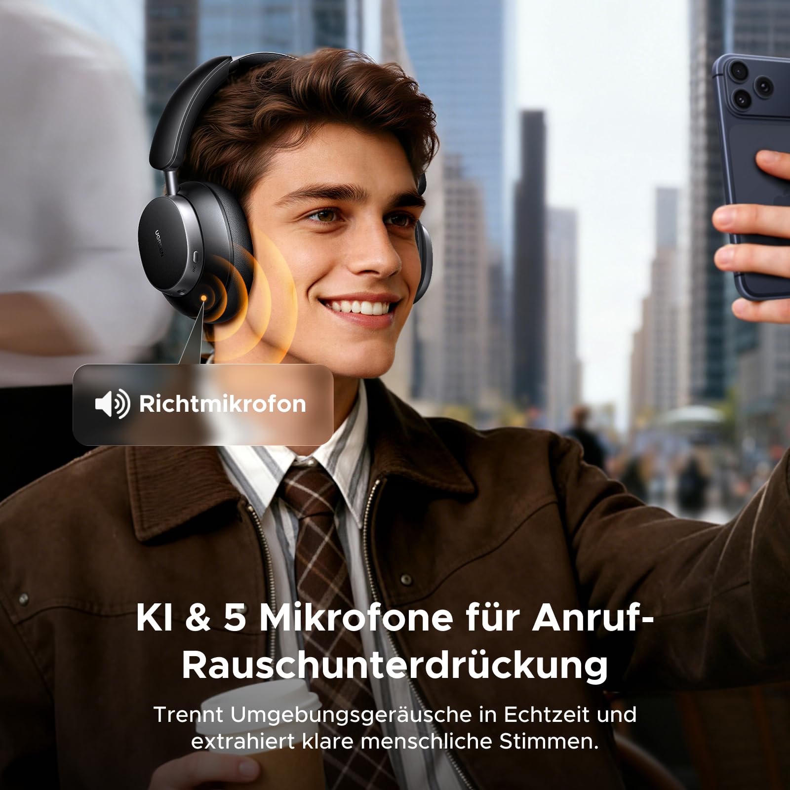 UGREEN Studio Pro kopfhörer Kabellos Bluetooth Over Ear mit Hybrid Adaptive Active Noise Cancelling, Bluetooth 6.0, Hi-Res Dual, LDAC, 120h Spielzeit, Spatial Audio, EQ in App, Duale Verbindung 4