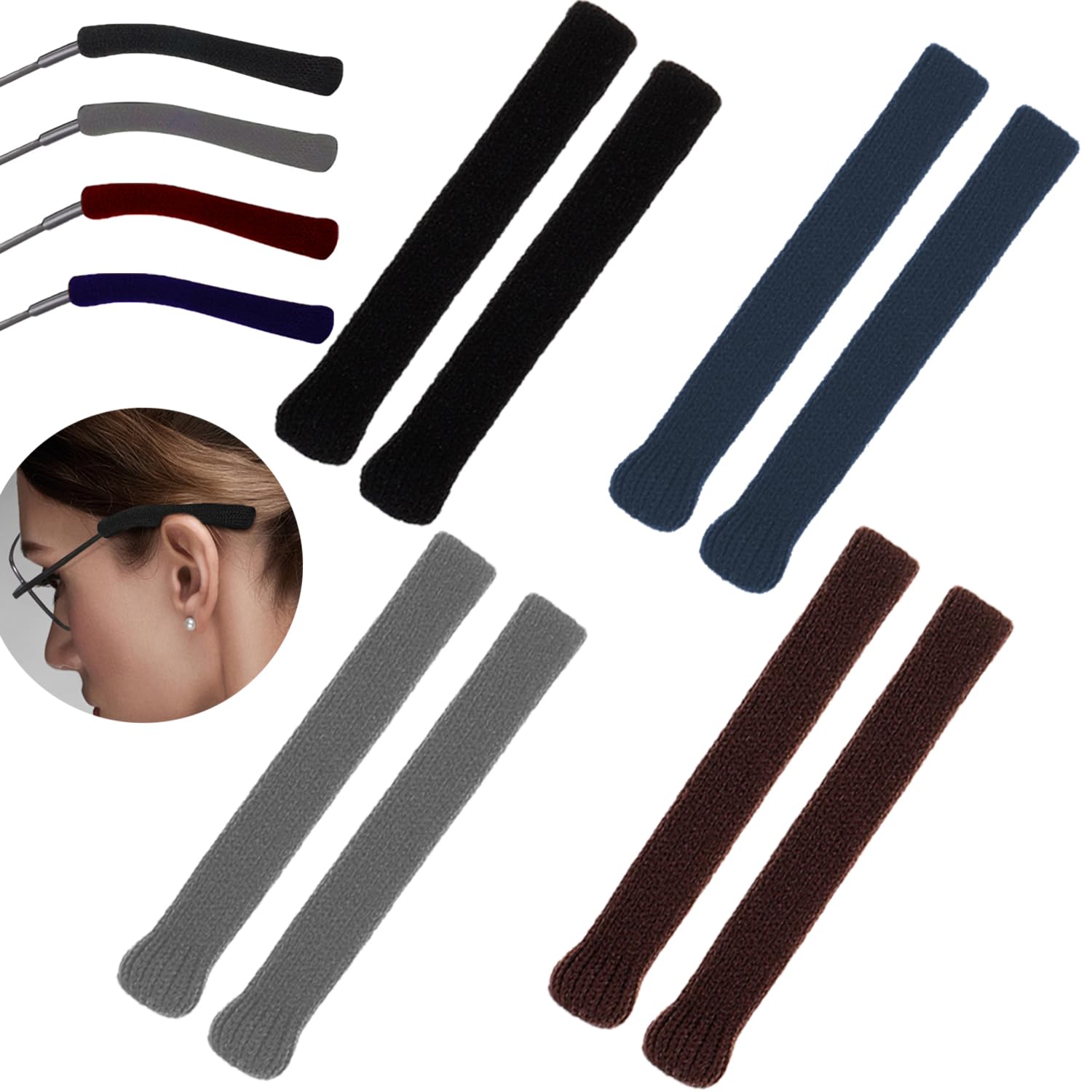 YMCCOOL 8 Pieces Eyeglass Ear Cushions,Soft Knitting Cotton Fabric Glasses Ear Grippers Anti Slip Temple Tips Sleeve Retainer,Glasses Arm Cushion for Glasses Sunglasses Eyewear,4 colors