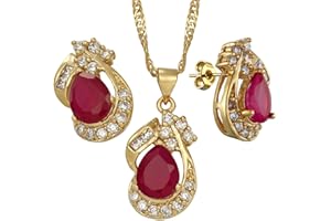 RIZILIA Pear Cut Red Ruby Yellow Gold Plated Jewelry Set, Pendant with 18" Chain Stud Earrings