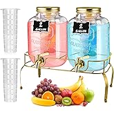 Lallisa 2 Pcs 2 Gallon Glass Drink Dispenser with Stand Ice Cylinder Hanging Chalkboard Signs 18/8 Stainless Steel Spigot Beverage Dispensers for Parties Mason Jar Drink Lemonade (Gold)