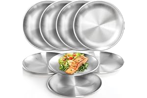 Fasmov 8 Pack 8 inches 18/8 Stainless Steel Plates, Metal 304 Dinner Dishes Serving Camping Plates for Picnic Outdoor Camping