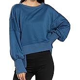 WayWholan Womens Crewneck Sweatshirts Cropped Long Sleeve Tops Oversize Loose Fit Tee Side Slit Pullover Tshirt
