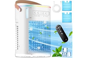 TEMEIKE 4-IN-1 Personal Air Conditioner w/Remote, 2 Ice Packs, 1200ML Tank, 7H Timer for Smart Auto-Off,2 Cool Mist,3-Speed Small Portable Air Conditioner, 7-LED Light Evaporative Air Cooler for Room