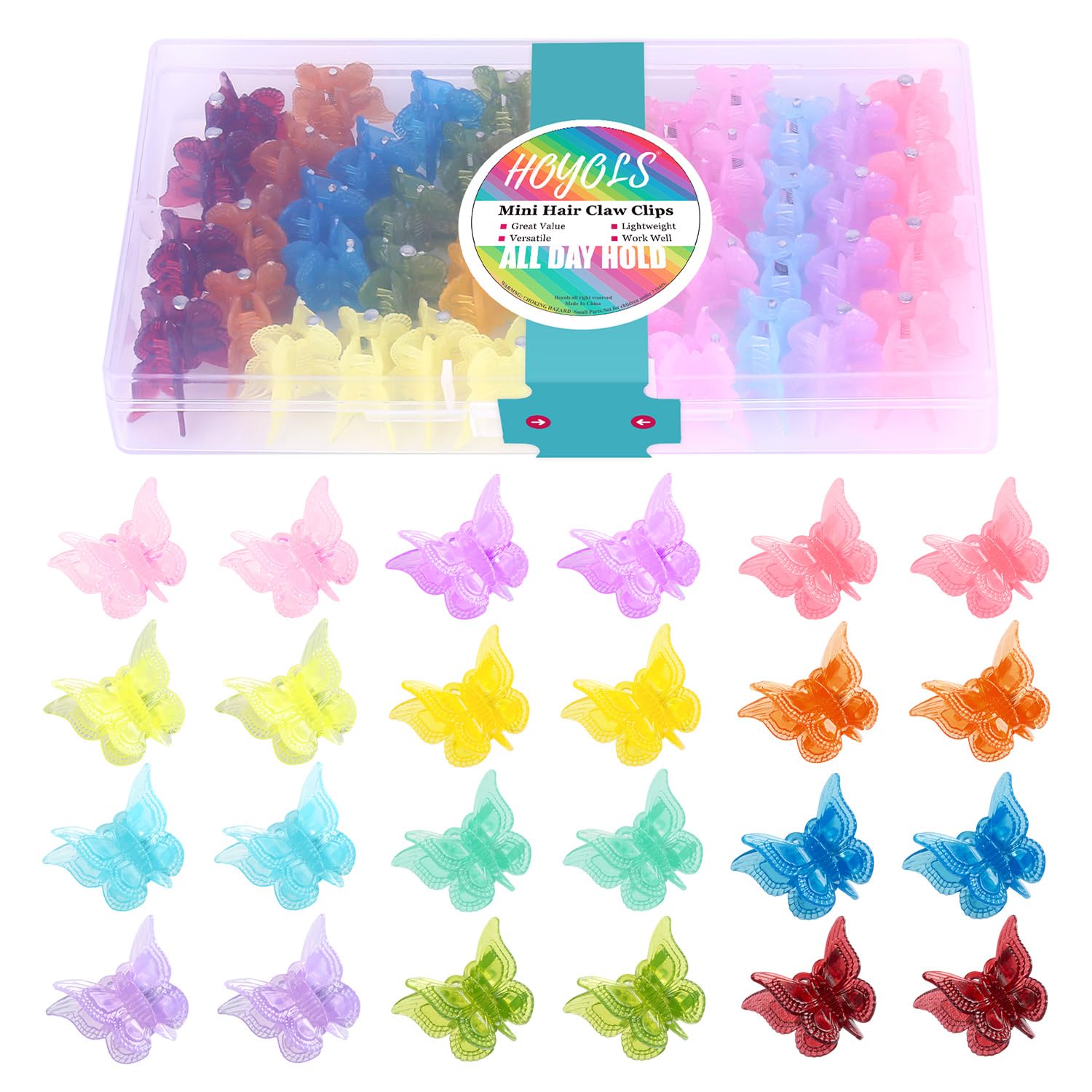 Hoyols Mini Butterfly Hair Clips, Y2K Pastel Rainbow Accessories for Girls and Women, Small Hair Claw for Braids, 12 Baby Hues 48 Pcs (Jelly Color)