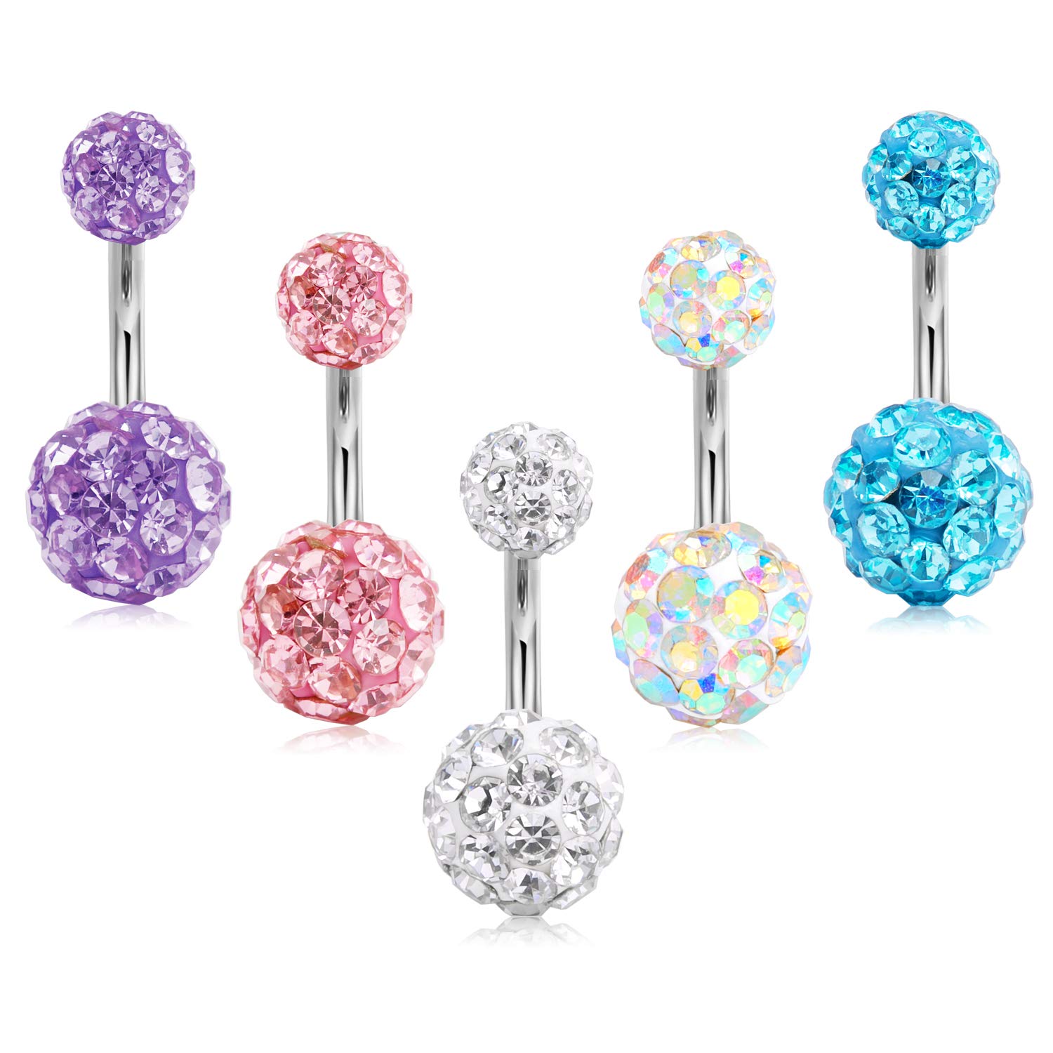 Crdifu 5pcs Stainless Steel Belly Button Ring Set 14 Gauge 6/8/10mm Barbell Navel Bars Piercing Jewellery