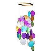 Rainbow Capiz Seashell Wind Chimes Outdoor Indoor Hanging Handmade Painted Colorful Beach Coast Ocean Home Decorative Hanging Mobiles Memorial Sympthy Gift