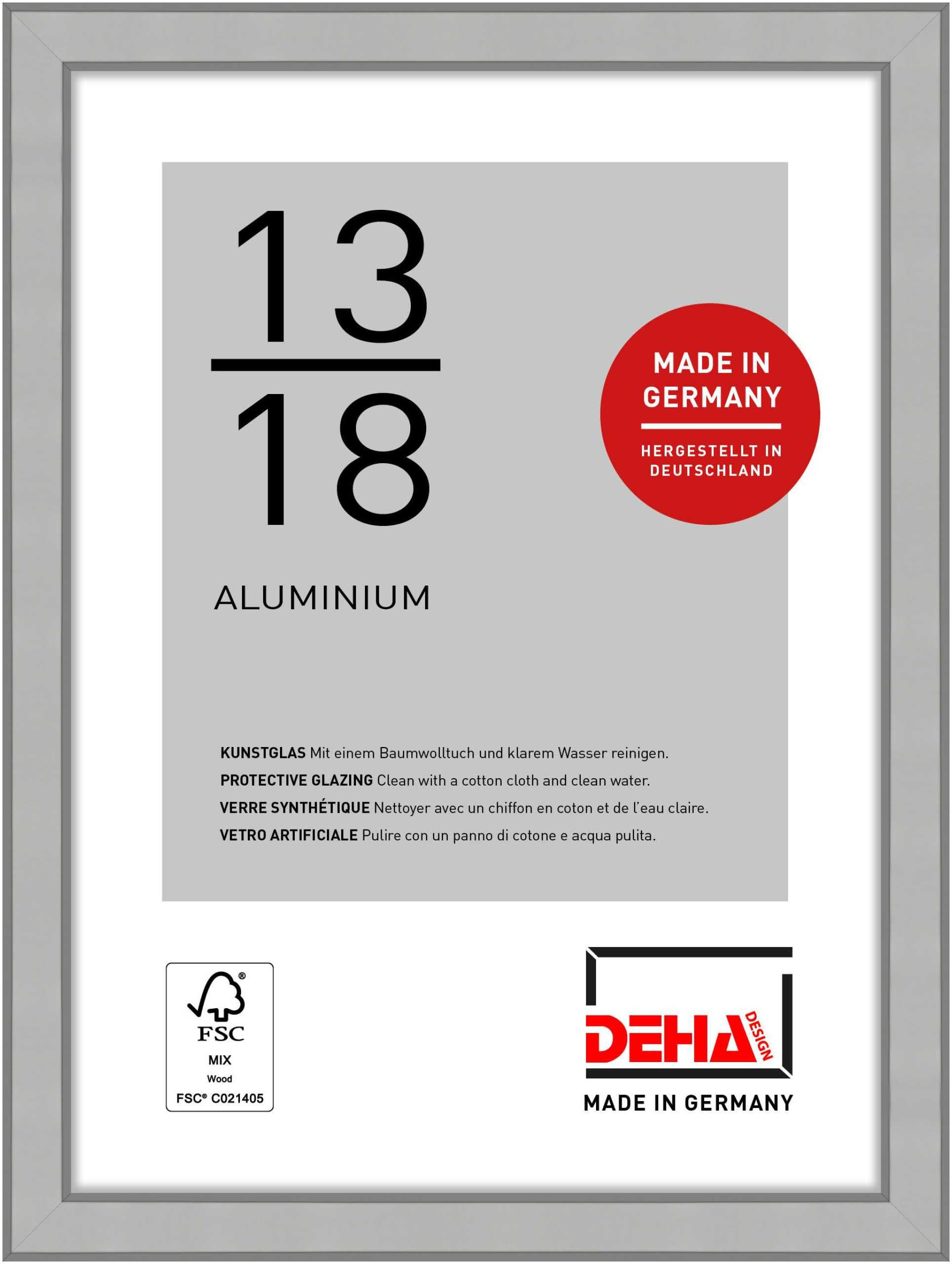 DEHA Design Boston Aluminium Picture Frame - 13x18 cm (5x7 in) – Frosted Silver - with Synthetic Glass and Push/Turn Clips