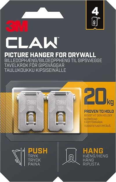 3M CLAW Drywall Picture Hanger 4 Hangers Holds Up To 20 kg