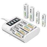 EBL AA AAA Rechargeable Battery Charger with 4 AA 2800mAh and 4 AAA 1100mAh Rechargeable Batteries, 4 Slots LCD Battery Charg