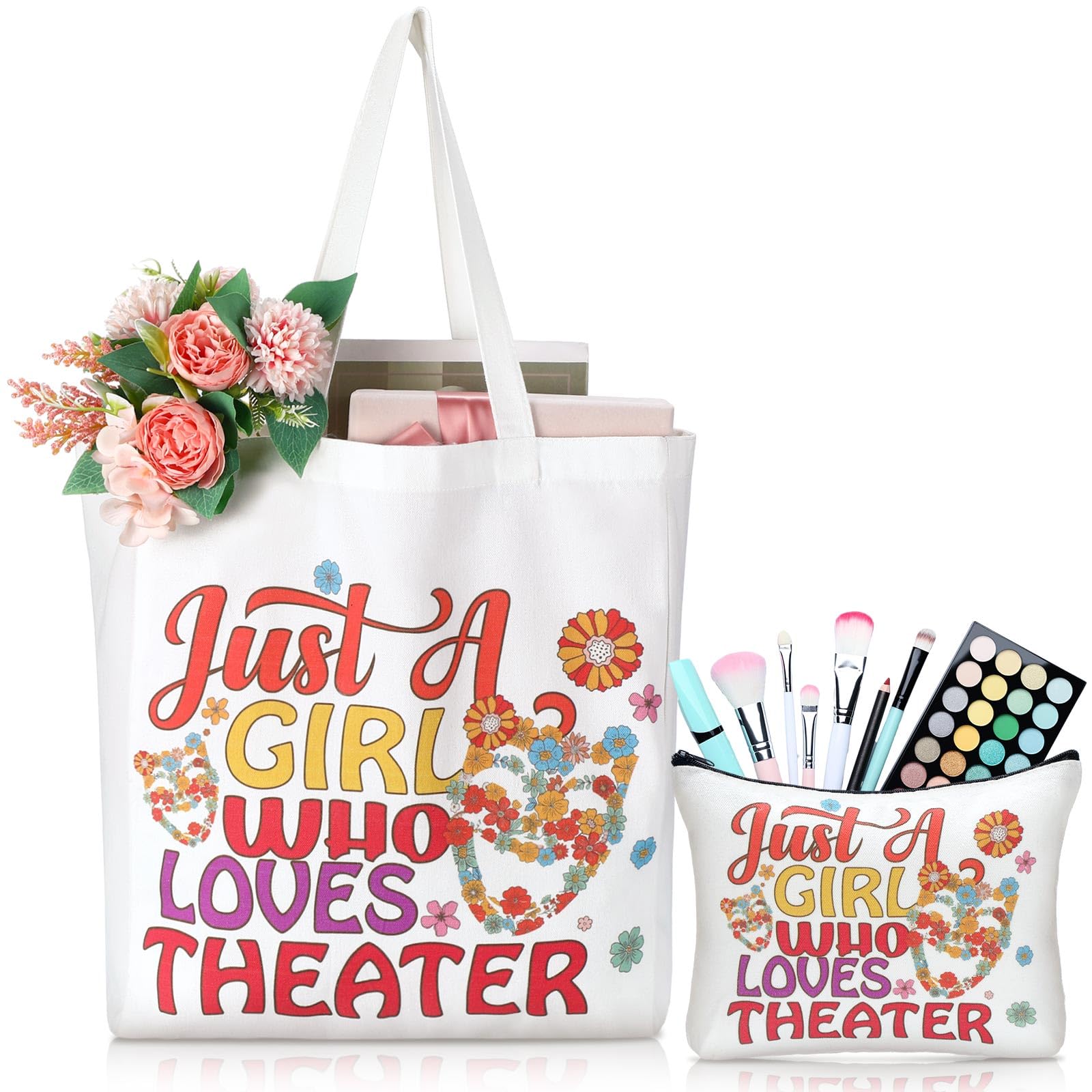 Photo 1 of Bulyoou 2 Pcs Back to School Teacher Gifts for Theater Lovers Women Makeup Bag and Tote Bags Retro Flower Boho Tote Gifts for Woman Mom First Day of School Birthday