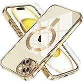 Misea Magnetic for iPhone 15 Plus Case Compatible with MagSafe [Never Yellowing] [Military Grade Drop Protection] Full Camera Lens Protector Plating Soft Clear Phone Case for Women, Gold