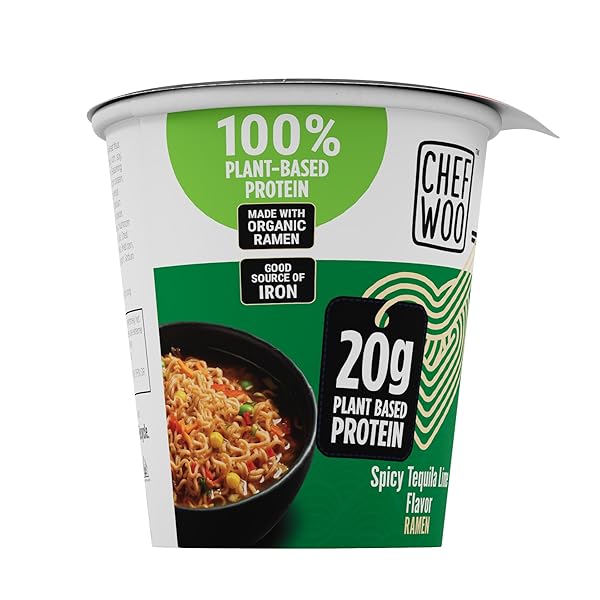 CHEF WOO SPICY TEQUILA LIME RAMEN CUP HIGH PROTEIN NOODLES  20G OF ANIMAL-FREE, BIOAVAILABLE PROTEIN | MADE IN U.S. |