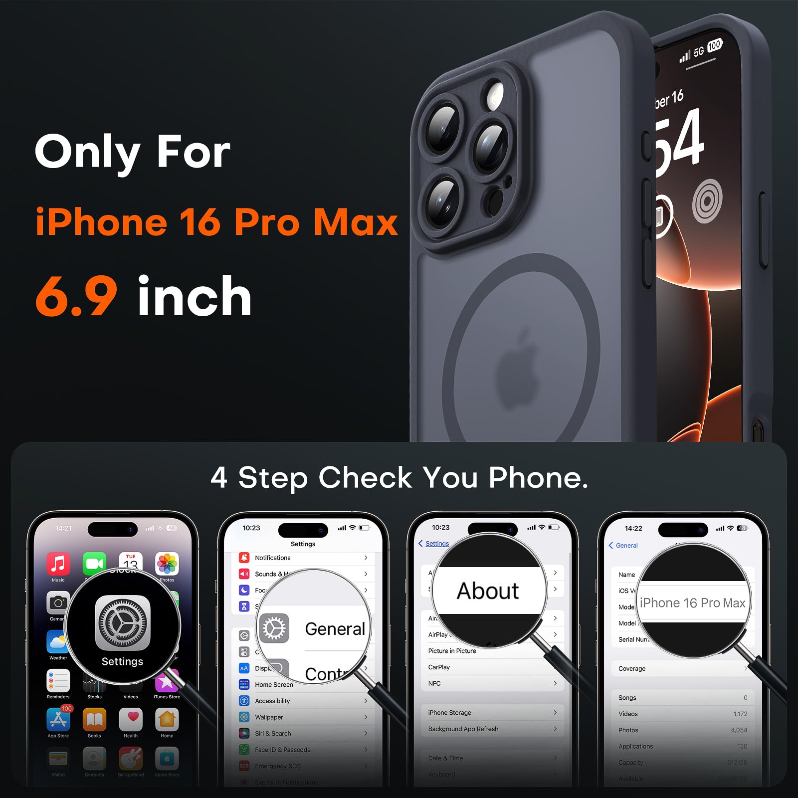 TOCOL for iPhone 16 Pro Max Case, Compatible with Magsafe, Full Camera Protection, Drop Protection, Magnetic Translucent Matte Back Bumper Phone Case for 16 Pro Max 6.9-Inch (Black)