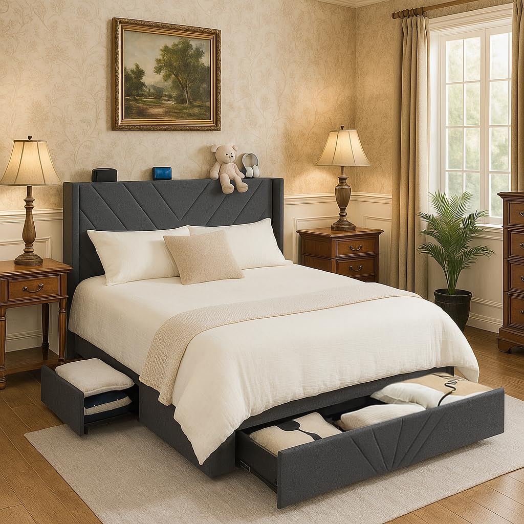 Photo 1 of (bottom base box only**) COMHOMA King Size Metal Bed Frame with Upholstered Headboard,Storage Drawers,USB & Type-C Charging Ports,No Box Spring Needed,Dark Grey