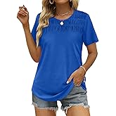 OFEEFAN Women's Summer Tops 2026 Trendy Short Sleeve Shirts Smocked Crewneck Tee