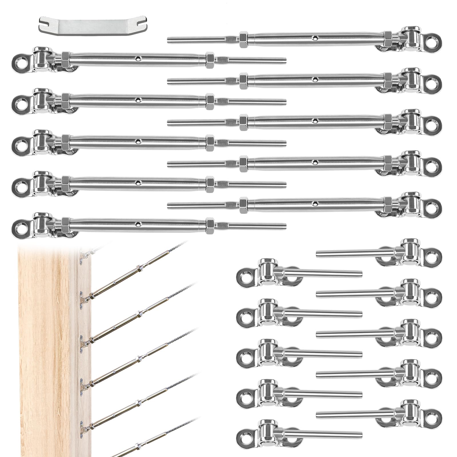 Muzata 10Pairs Cable Railing Kit 1/8" Swage Toggle Turnbuckle Hardware T316 Stainless Steel for Wood Post WoodEasy System Angle 180° Adjustable Stairs Deck 10 Cable Lines CK07 NN1,CA4 CA5…