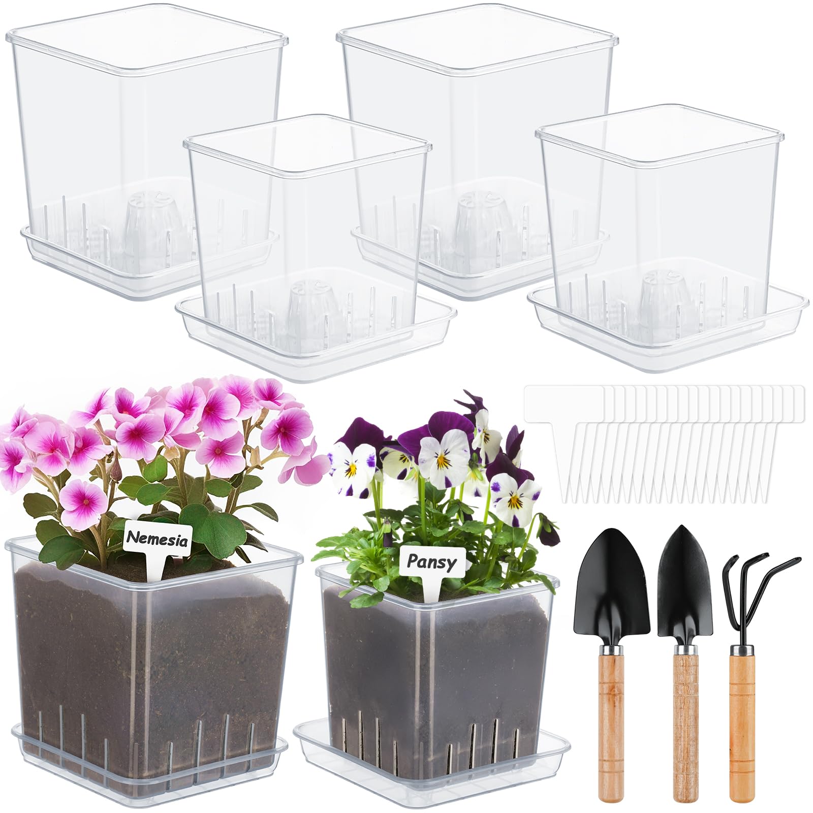 NiHome 6-Pack Clear Acrylic Nursery Pots with Trays & 3 Shovels, 4.1" & 5" Clear Plant Pots for Orchid,Succulents, Flowers, Enhanced Drainage & Ventilation, Transparent for Easy Root Monitoring