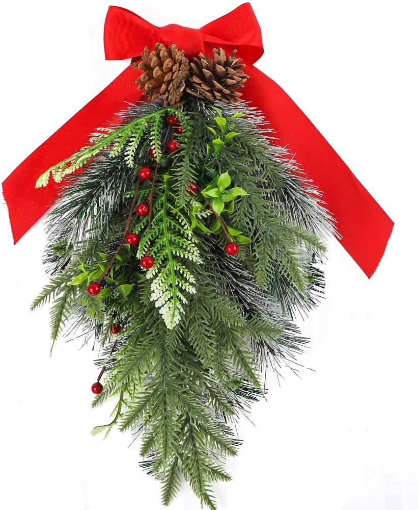 FUNARTY 18 Inch Christmas Door Swag Teardrop Swag Mixed Pine Cones and Red Berry for Wall Hanging Front Door Decor