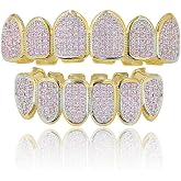 18K Gold Plated All Iced Out Pink CZ Teeth Grillz for Women with Extra Molding Bars