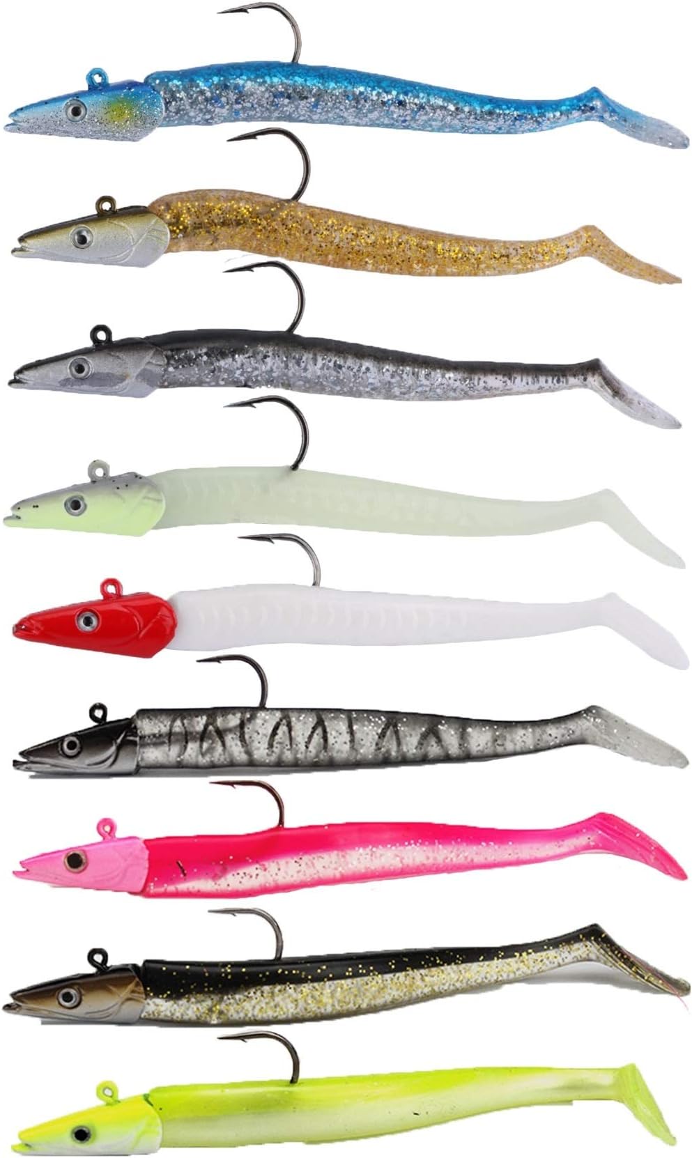 Sinrier Lead Head Jigs Soft Fishing Lures，Supernatural Sand Eel Imitation For Many Fish Prey (9 PCS)