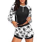 Long Sleeve Rash Guard for Women - 2 Piece Swimsuit with Shorts Zip Up Swim Shirt with Built-in Bra