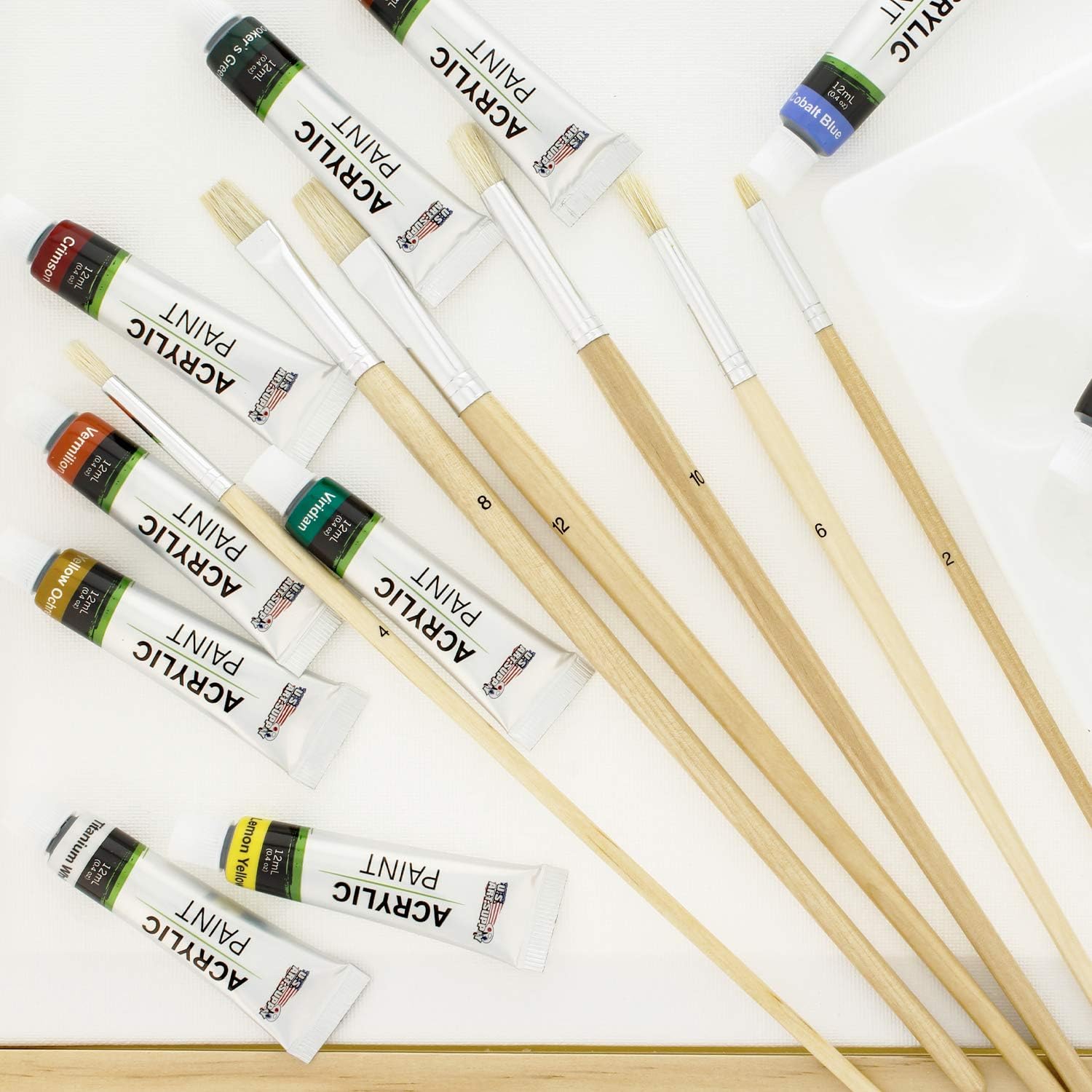 US Art Supply 21-Piece Acrylic Painting Table Easel Set with, 12-Tubes Acrylic Painting Colors, 11"x14" Stretched Canvas, 6 Artist Brushes, Plastic Palette with 10 Wells