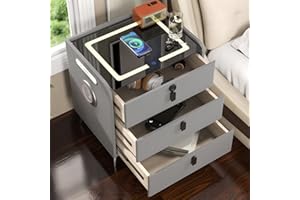 Smart Nightstand with Fingerprint Lock Drawer, Nightstand with Wireless Charging, Night Stand with Charging Station,2 USB, LE