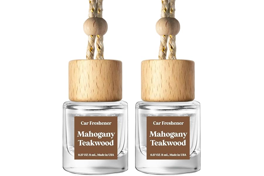 C Classy Car Air Freshener Hanging 2 Pack, Mahogany Teakwood Essential Oil Diffuser, Cute Glass Bottle, Long-Lasting Fragranc