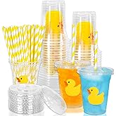 Whaline 50Pcs Yellow Duck Plastic Cups with Lids and Straws 12oz Party Cups Cute Duck Beverage Drinking Cups for Birthday Summer Pool Beach Party