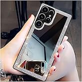 Cavdycidy for Samsung Galaxy S25 Ultra Mirror Case for Women with Bling Rhinestone, Stick on Mirror for Phone Case,Luxury Shiny Crystal Protective Cover for Outdoor Makeup for Girl(Glitter Diamond)