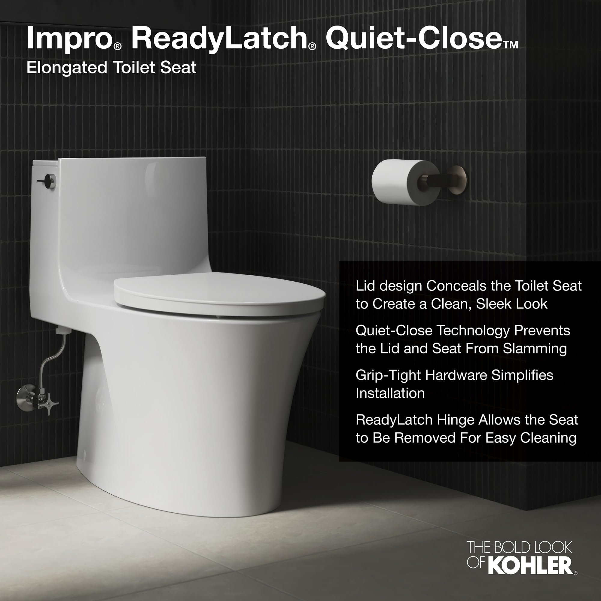 KOHLER K-26801-0 Impro ReadyLatch Quiet Close Elongated Toilet Seat, White Toilet Seat, Grip-Tight Bumpers, New Home Essentials, Slam Prevention