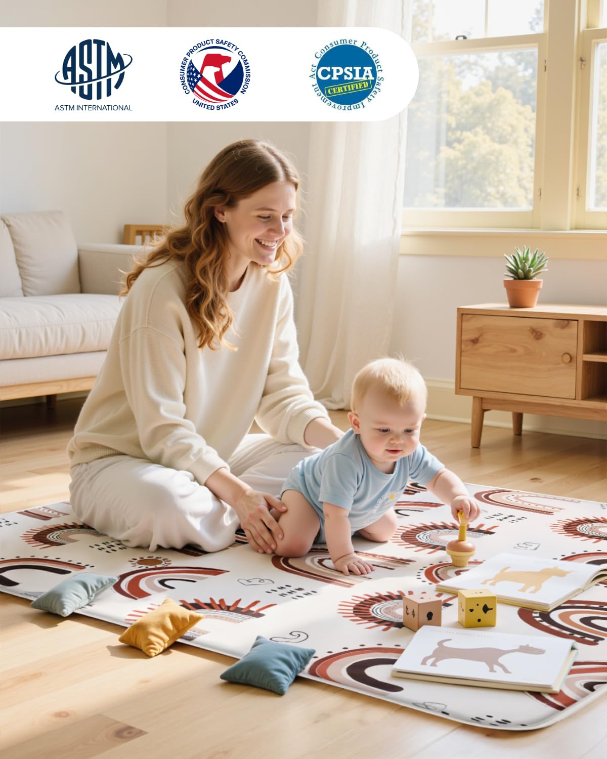 Baby Floor Play Mat,Soft Thick Foam Padded Tummy Time Mat,Waterproof Wipeable Kids Playmat for Babies 6-12 Months,Non-Slip Bottom for Crawling to Nursery Playpen,Rainbow