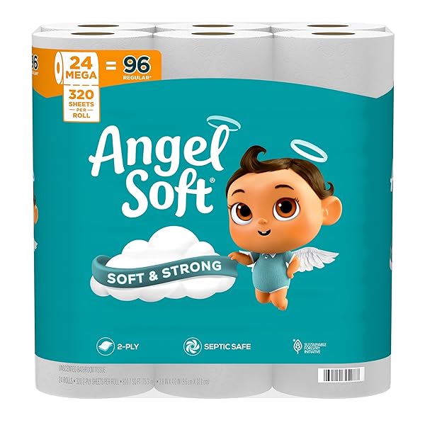 ANGEL SOFT TOILET PAPER, 24 MEGA ROLLS = 96 REGULAR ROLLS, SOFT AND STRONG TOILET TISSUE