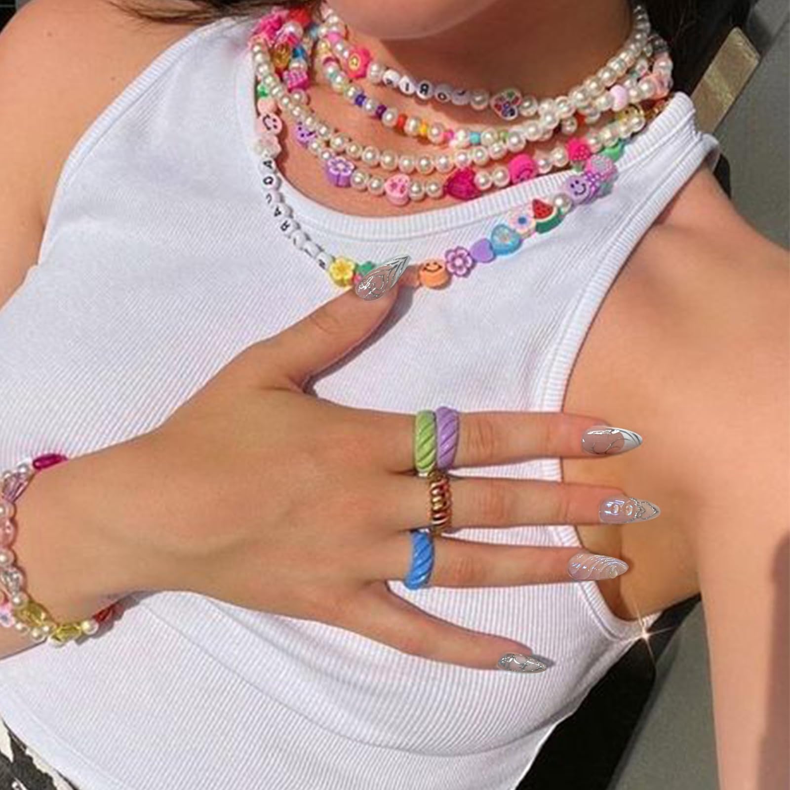 YOSOMMK Press on Nails Medium Almond Fake Nails Glossy Glue on Nails Silver 3D Swirl Acrylic Nails Artificial False Nails with Luxury Designs for Women - Image 3