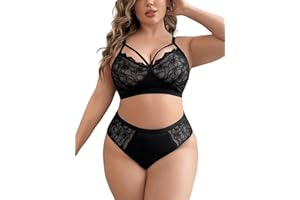Women's Plus Size 2 Piece Heart Lace Lingerie Sets Cut Out Bra and Panty Set