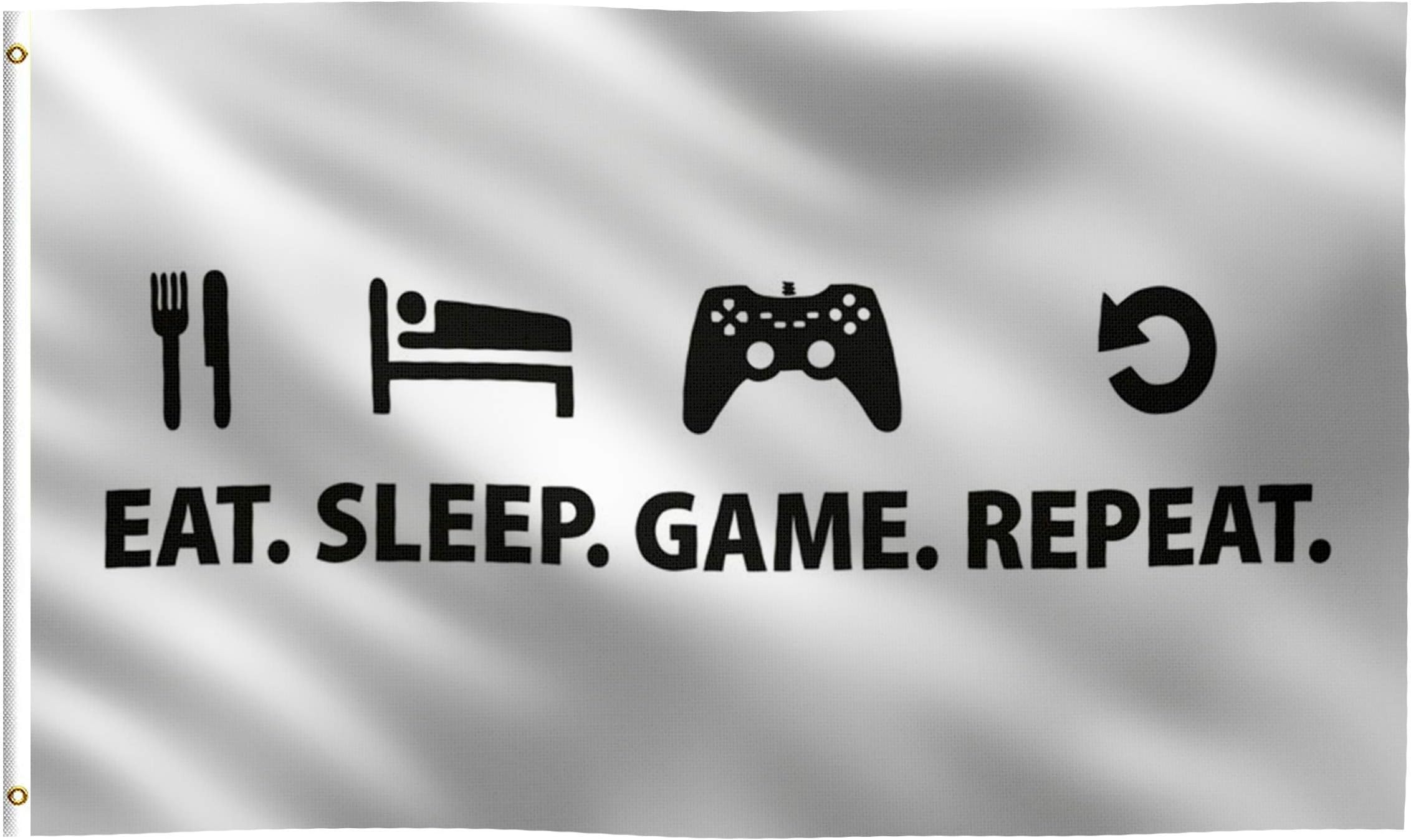 3x5 Foot Eat. Sleep. Game. Repeat. Flag: Single Sided 100% Polyester Banner, Canvas Header with 2 Grommets, UV Resistant Vibrant Digital Print, for Use Outdoor or Indoor