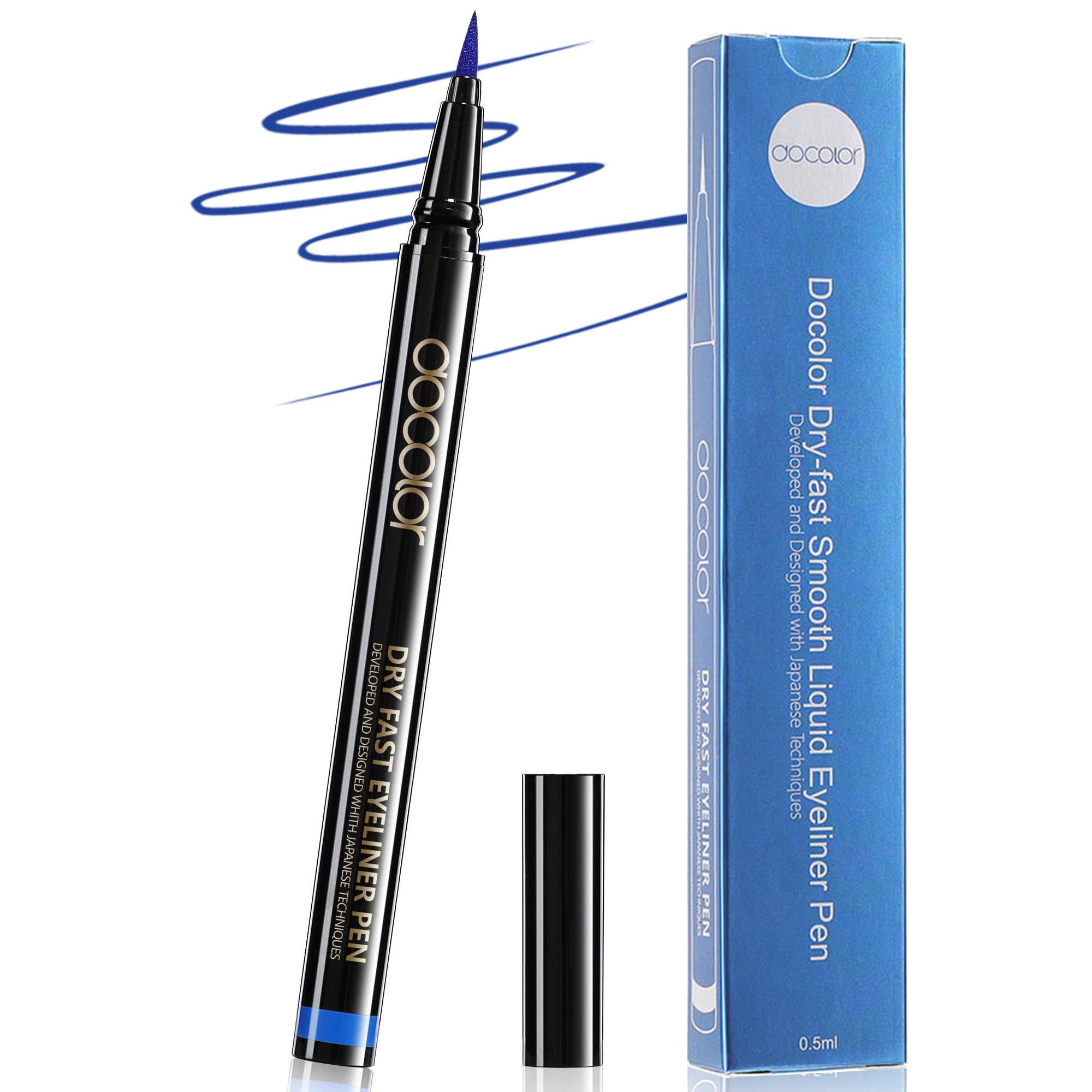Docolor Waterproof Liquid Eyeliner Pen - Blue, Smudge Proof & Long Lasting - Hyper Precise Brush Tip for Beginners & Sensitive Eyes - Quick Drying, Intense Matte Ink - Vegan & Cruelty-Free