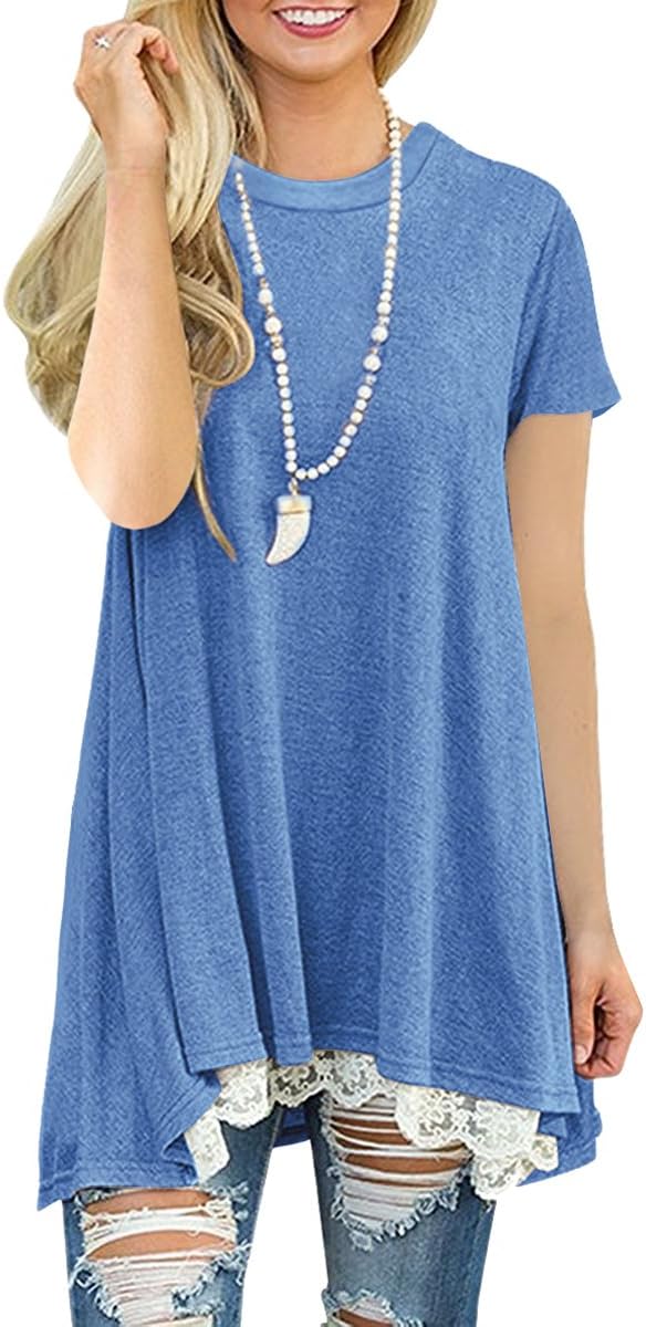 Womens Lace Casual Short Sleeve Tunic Tops Loose Blouse T Shirt