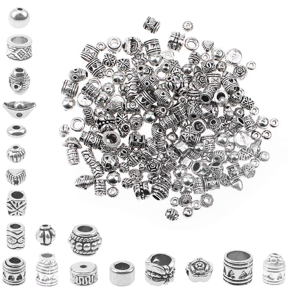 JPGhaha 200Pcs Tibetan Antique Silver Spacer Beads 100g Mixed Alloy Spacer Beads for DIY Bracelets Necklaces Jewelry Making Accessories