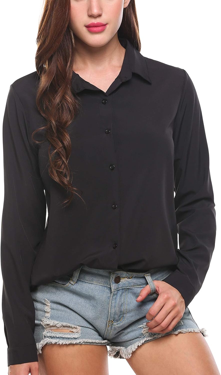 Zeagoo Women's Button Down Shirt Long Sleeve Collared Tops Chiffon Blouse for Women: Clothing