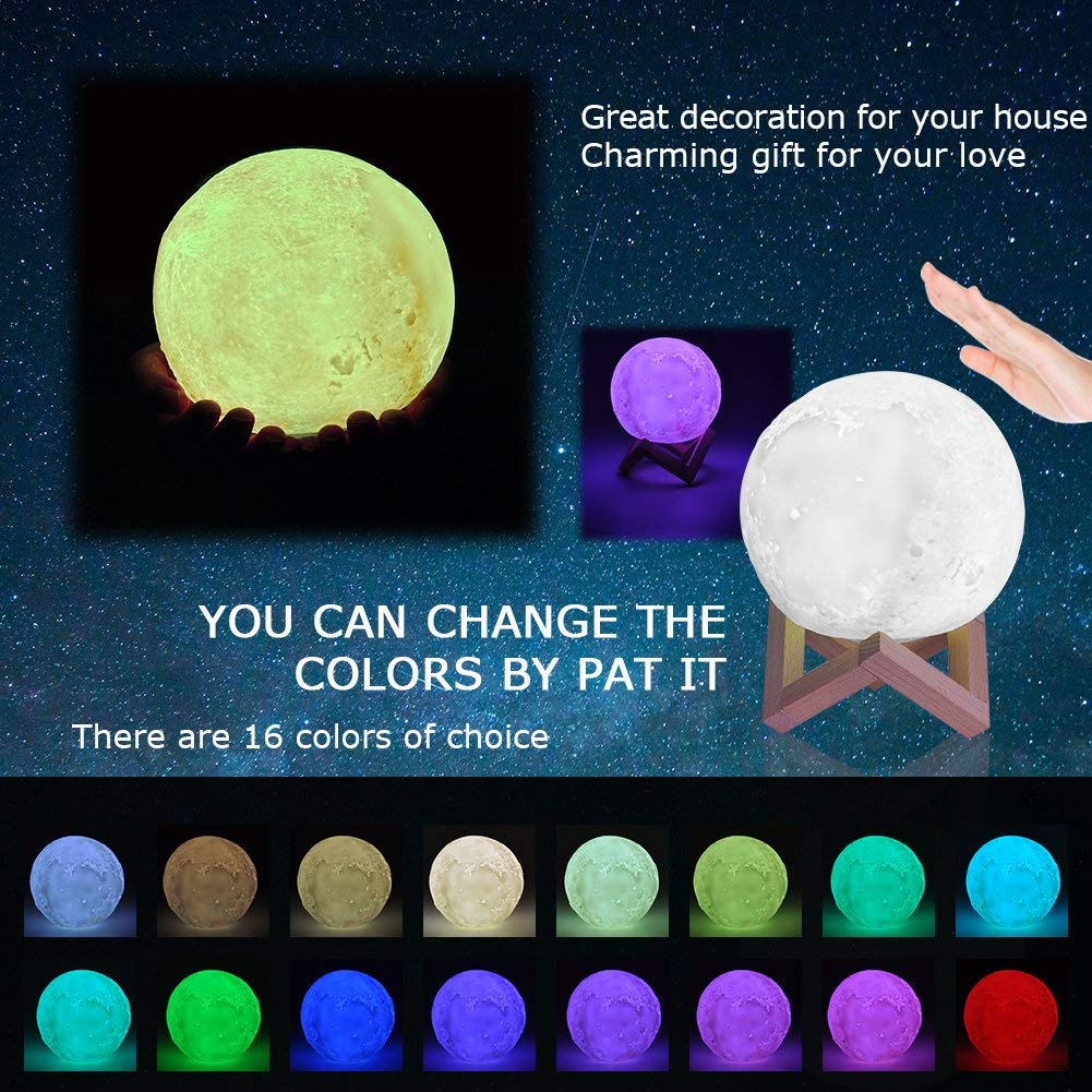 15cm LED Moon Light with Remote Control,3D Print Moon Lamp LED 16 Colors Portable Night with Touch Control,USB Rechargeable + Built-in battery dimmable