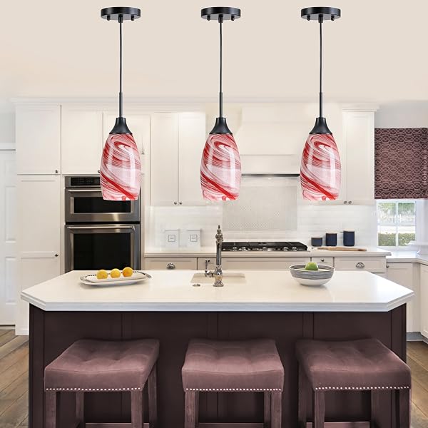 VIINEW MINI GLASS PENDANT LIGHT,3-PACK HANDBLOWN BURGUNDY MARBLE ART GLASS HANGING LIGHT 4.72″ OVAL CEILING HANGING LIGHT FIXTURE FOR DINING ROOM KITCHEN ISLAND CAFE FOYER HALLWAY