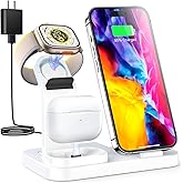 Wireless Charging Station 3 in 1 RJR Compatible with Apple Devices, Charging Dock for iWatch, Built-in Wireless Charger Stand for iPhone Series AirPods Gifts (with 18W Adapter) White