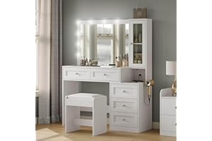 CollaredEagle 43" W Vanity Desk with Mirror & 11 Lights, 5 Drawer Modern Makeup Desk with Glass top & Cushioned Stool, 3 Lighting Modes Brightness Adjustable,Power Outlet,Bedroom，White