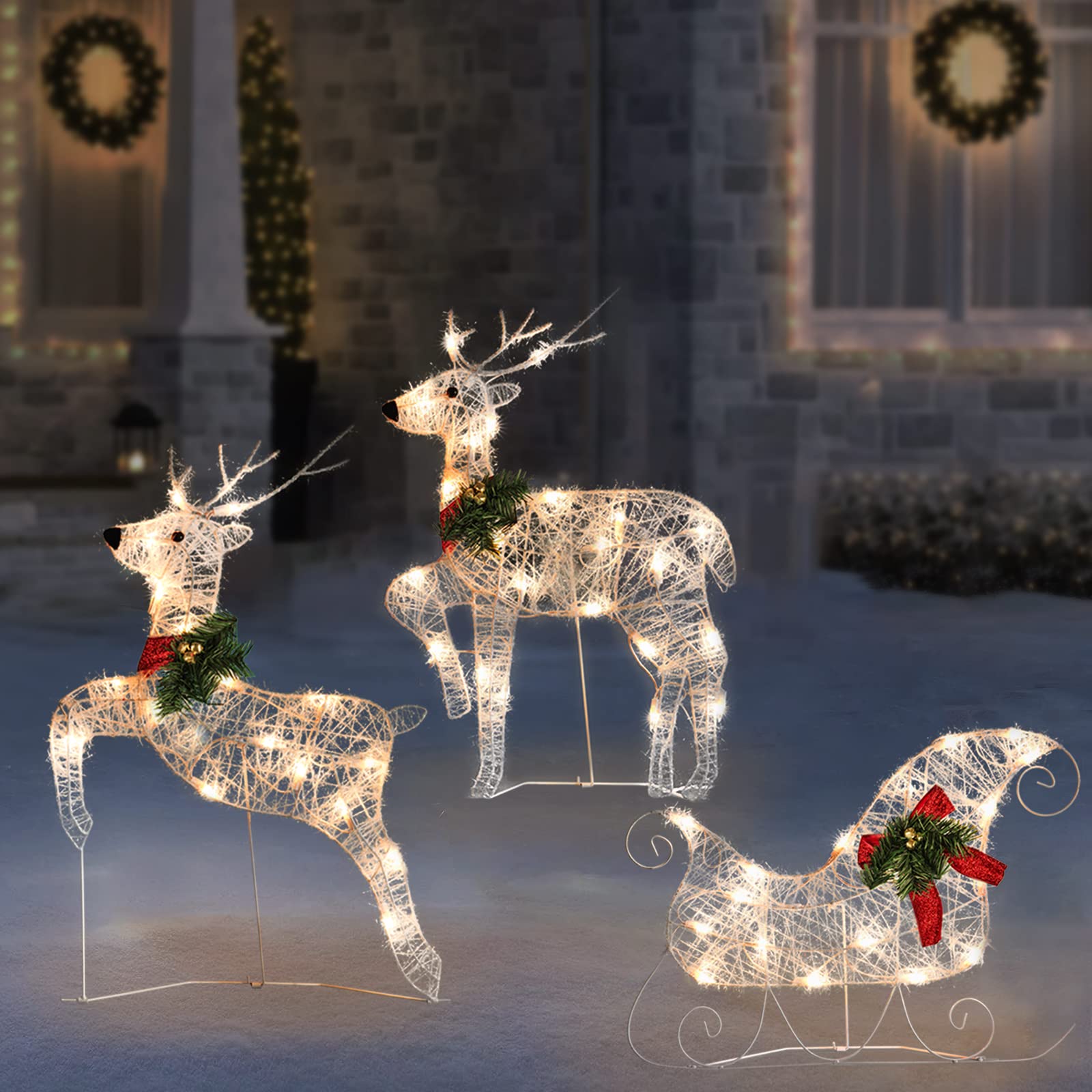 Photo 1 of 3-Piece Lighted Reindeer Christmas Decoration Family Set 60" Buck 39" Doe 27" Fawn Outdoor Yard Christmas Decorations with 210 Lights, Indoor/Outdoor Festive Holiday Decoration