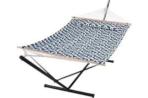SUNCREAT Two Person Hammock with Stand, 475 lbs Capacity, Portable Patio Hammock with Hardwood Spreader Bar, Large Soft Pillo