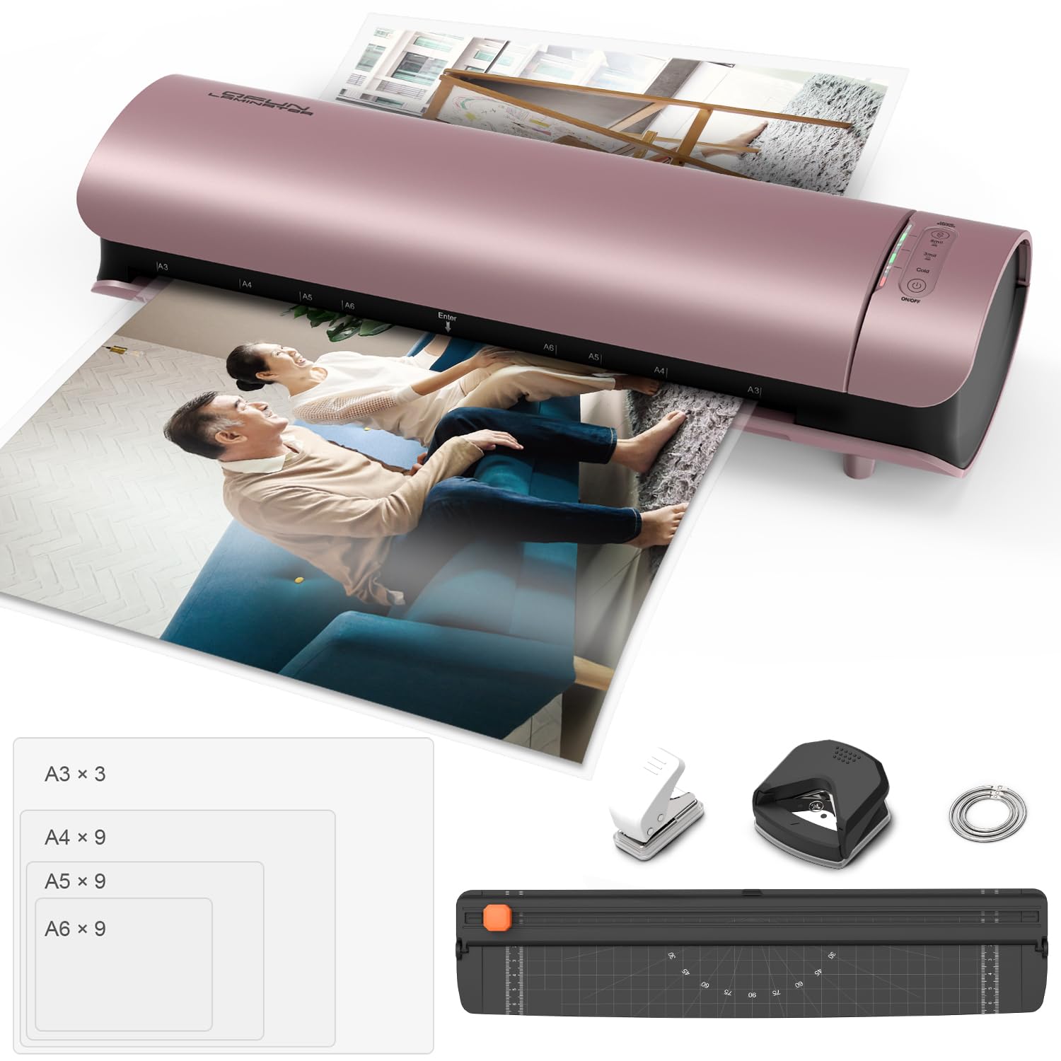 ラミネーター A3/A4対応 80~150μm対応 気泡なし 簡単操作 ラミネート機械 60秒ウォームアップ 波打防止 パウチ機械 コンパクト ラミネートフイルム30枚付き 裁断機 角取り付属 詰まり防止レバー搭載 写真/名刺/カード/メニュー対応 オフィス用品 業務用 家庭用商品画像