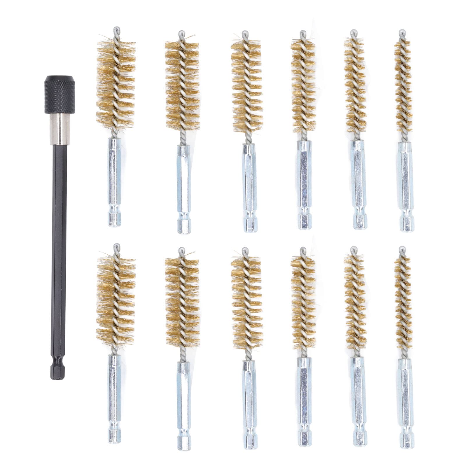 Wire Brush, 1/4in Hex Drill Shank Twisted Design Stainless Steel Bristle Rust Proof Easy to Use Bore Brush Set 8mm 10mm 12mm 15mm 17mm 19mm Diameter Stainless Steel Bore Brush (Brass Wire (Yellow))