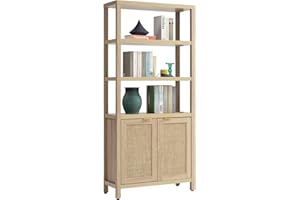 SICOTAS Bookshelf 5 Tier Book Shelf Rattan Boho 71" Tall Bookcase with Doors Storage Shelves Large Bookshelves Farmhouse Bookcases Library Book Case for Living Room Bedroom Home Office Kitchen