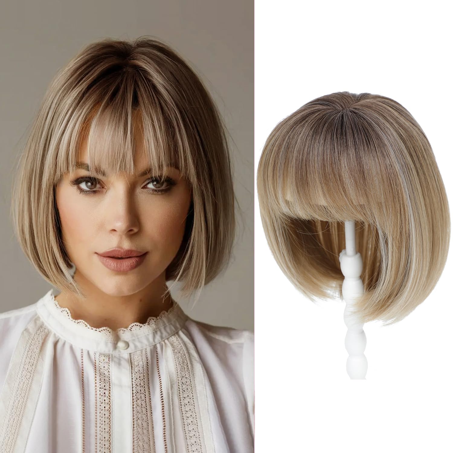 Photo 1 of UDU Short Bob Hair Topper with Bangs – Ombre Brown Synthetic Clip in Top Hairpiece – Natural Volume Wiglet for Women with Thin or Fine Hair